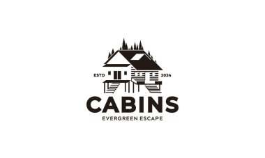 Evergreen Escape Cabins: A Black and White Logo Featuring Two Rustic Cabins in a Forest Setting. clipart