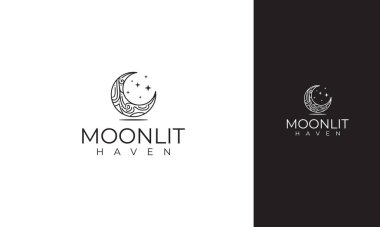 Moonlit Haven Logo: Ornate Crescent Moon with Stars, Elegant Design clipart