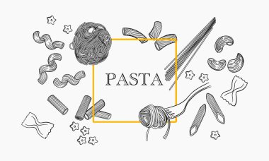 Makarna, makarna, makarna ve farfalle gibi çeşitli makarna şekillerini içeren bir grafik tasarımı, merkezi temalı bir makarna çerçevesi etrafında düzenlenmiştir..