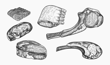 Kaburga ve biftekler de dahil olmak üzere çeşitli et kesimlerini gösteren el çizimleri koleksiyonu..