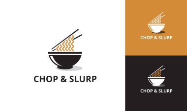 Chop Slurp adlı bir restoran için bir kase erişte ve yemek çubuğu içeren minimalist bir logo tasarımı..