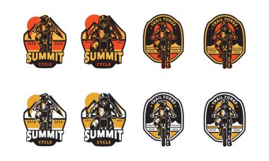 of logo designs featuring a motocross rider against a mountain backdrop, incorporating the text Summit Cycle and Trail Forge. clipart