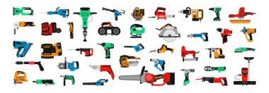 Resim, genellikle inşaat, onarım ve DIY projelerinde kullanılan çeşitli güç araçlarını gösterir.