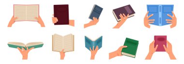 Çeşitli pozisyonlarda ve renklerde kitapları tutan çeşitli el koleksiyonunu gösteren bir illüstrasyon.