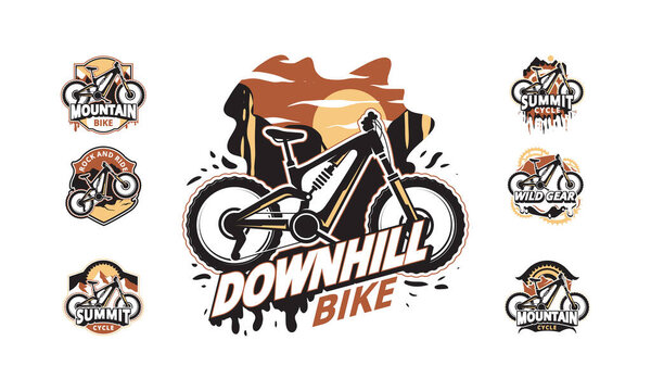 Коллекция логотипов горных велосипедов с различными дизайнами и стилями, подчеркивая спуск на велосипеде.