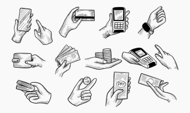 A collection of hand-drawn illustrations showcasing different methods of payment including cash, cards, and mobile devices. clipart