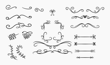 A collection of various black decorative swirls, flourishes, and floral elements suitable for design projects. clipart