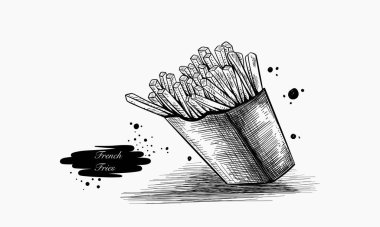 A hand-drawn illustration depicts a serving of french fries in a paper carton, showcasing a detailed black and white sketch style.