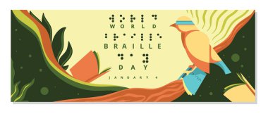 An illustration commemorating World Braille Day depicts a blindfolded bird reading braille on a branch, surrounded by nature. clipart