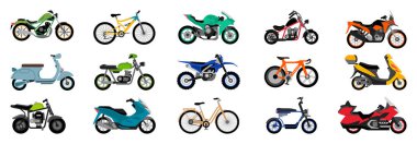 Motosiklet seti. Motosikletler, scooterlar, bisikletler ve helikopterler. Hız yarışı ve teslimat retro ve modern araçlar düz vektör motorlu taşıma detay spor yol moto toplama