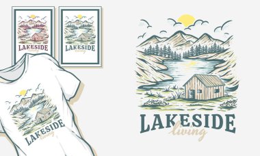 kabin illüstrasyon göl balıkçılık tasarımı dağlar rozet peyzaj klasik dış logo doğa