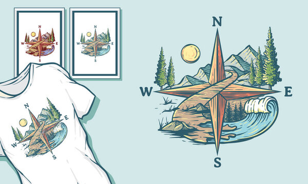 A stylized compass rose incorporates a scenic landscape of mountains, ocean waves, and trees, symbolizing adventure and exploration.