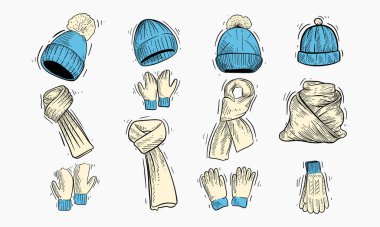 Şapkalar, eldivenler ve mavi ve krem rengi eşarplar da dahil olmak üzere çeşitli kış kıyafetleri içeren el yapımı bir illüstrasyon..