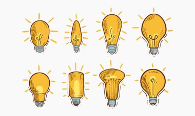 A collection of hand-drawn lightbulb illustrations showing different shapes and sizes, representing ideas and innovation. clipart