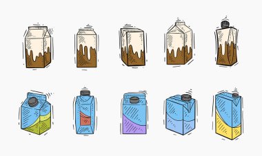 A collection of hand-drawn illustrations showcasing various designs of milk and juice cartons in different colors and styles. clipart