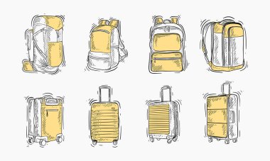 Sırt çantaları ve bavullar da dahil olmak üzere seyahat için ideal çantaların çeşitli türlerini gösteren bir el çizimi..