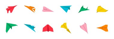 Çeşitli uçuş pozisyonlarında on iki parlak renkli kağıt uçak koleksiyonu..