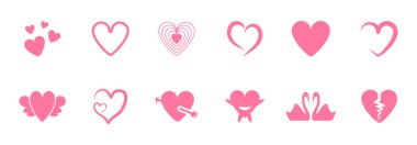 Aşkın ve ilişkinin farklı yönlerini gösteren 12 pembe kalp ikonundan oluşan bir koleksiyon..