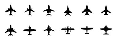 Tepetaklak bir perspektiften tasvir edilen çeşitli uçakları gösteren on iki siyah siluet..