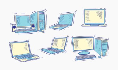 Bilgisayarların ve dizüstü bilgisayarların çeşitli el çizimleri, farklı türde kişisel bilgisayar aygıtları sergiliyor.