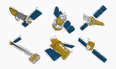 A hand-drawn illustration Set of diverse designs of satellites and spacecraft, each with unique features and orientations. clipart