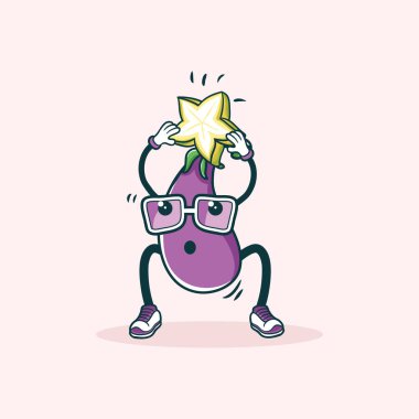 A fun cartoon eggplant character wearing glasses and sneakers holds a starfruit above its head. clipart