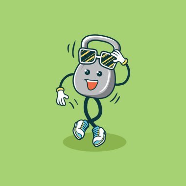 Güneş gözlüklü eğlenceli bir çizgi film karakteri yeşil arka planda mutlu bir şekilde dans ediyor..