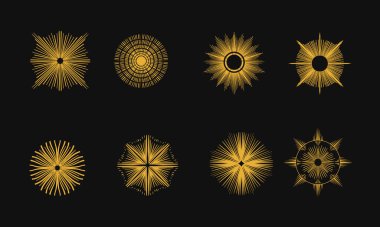 Koyu siyah bir zemin üzerinde altın rengi olan zarif güneş patlaması tasarımları..