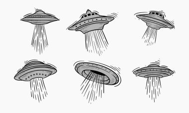 Aşağıya doğru ışık huzmeleri akan uçan dairelerin karikatür çizimleri. UFO