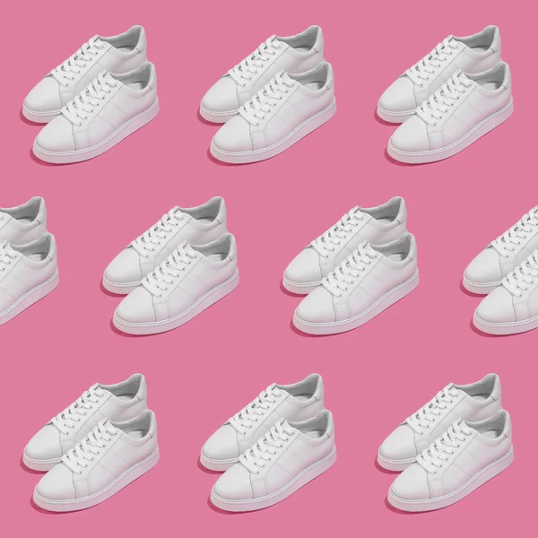 Repeating Pattern Pair White Female Sneakers Pink Background — Stock Photo, Image
