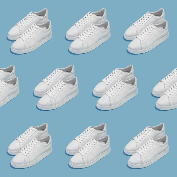 Repeating Pattern Pair White Female Sneakers Blue Background — Stock Photo, Image