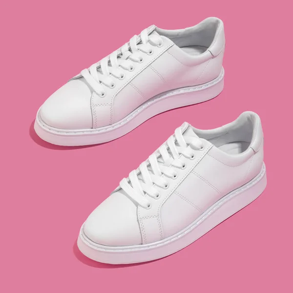 Pair Brand New White Female Sneakers Pink Background — Stock Photo, Image