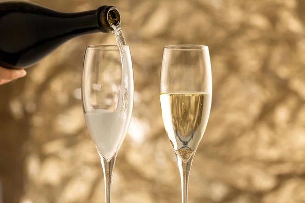 Festive Photo Pouring Sparkling Wine Glasses — Stock Photo, Image