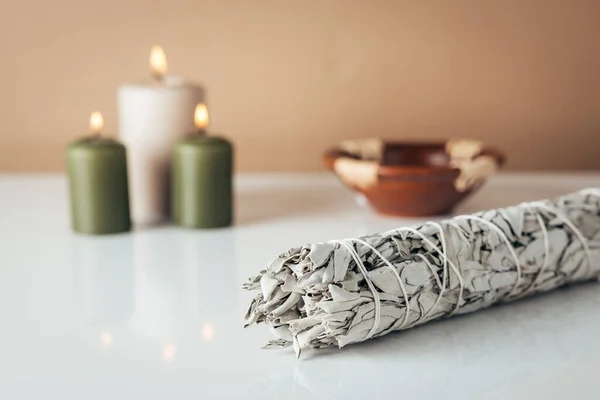 White Sage Burning Candles Background Copyspace Royalty Free Stock Images