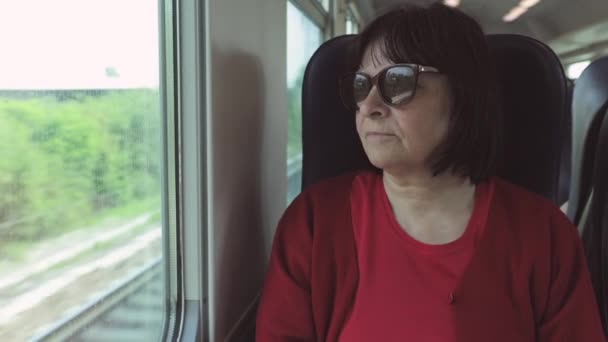 Seniorin Mit Sonnenbrille Zug Sitzt Fenster Und Schaut Hinaus Videoclip