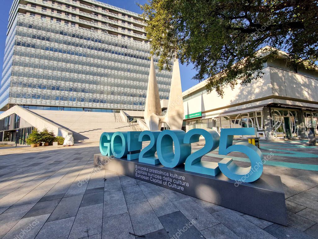 Nova Gorica, Slovenia - January 14th 2025: Logo sculpture GO! 2025 for European Capital of Culture 2025  ready for opening