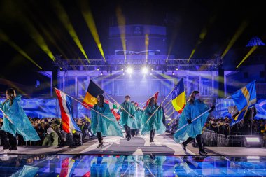 Nova Gorica, Slovenia - February 8th 2025: GO! 2025 Opening Ceremony: flags of the european countries at the artictic spectacle, Nova Gorica and Gorizia are European Capital of Europe in 2025 clipart