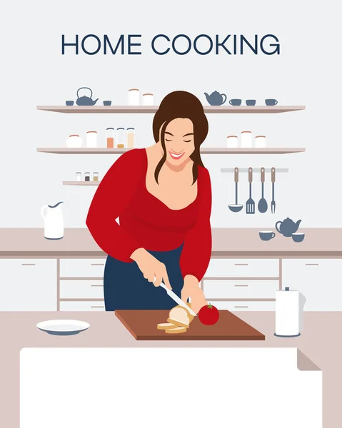 Μια Γυναίκα Ετοιμάζει Φαγητό Στην Κουζίνα Μια Νοικοκυρά Κόβει Ψωμί — Διανυσματικό Αρχείο