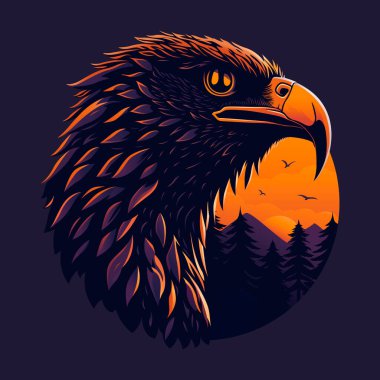 Kartal gün batımı ve dağların arkasında. Tişört tasarımı, vahşi bir kuşun doğadaki görüntüsü. Manzara. Kartal renkli renklidir. Vektör illüstrasyonu