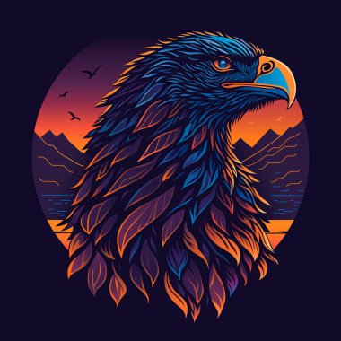 Kartal gün batımı ve dağların arkasında. Üzerinde kartal olan tişört, vahşi bir kuşun resmi. Manzara. Kartal renkli renklidir. Vektör illüstrasyonu