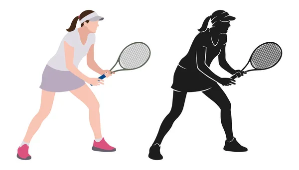 Une Joueuse Tennis Tient Une Raquette Dans Ses Mains Joue — Image vectorielle