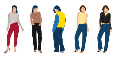 Poz veren kızlar. Moda gösterisi. Düz dizayn. Beyaz arkaplanda vektör illüstrasyonu