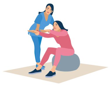 Rehabilitasyon doktoru bir kızı tedavi ediyor. Kız topta rehabilitasyon egzersizleri yapıyor. Düz dizayn. Beyaz arkaplanda vektör illüstrasyonu