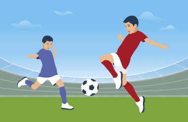 Genç futbolcular stadyumda futbol oynarlar. Erkekler top için yarışıyor. Profesyonel çocuk futbolu. Çocuk futbol takımı. Vektör çizimi. Düz tasarım