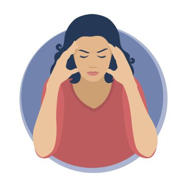 Başı ağrıyan kadın. Bir kadın onun başını acıdan tutuyor. Düz dizayn. Beyaz arkaplanda vektör illüstrasyonu.