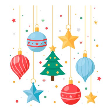 Noel ağacı süslemeleri. Noel baloları. Renkli toplar. Beyaz arka planda düz bir tasarım. Vektör illüstrasyonu