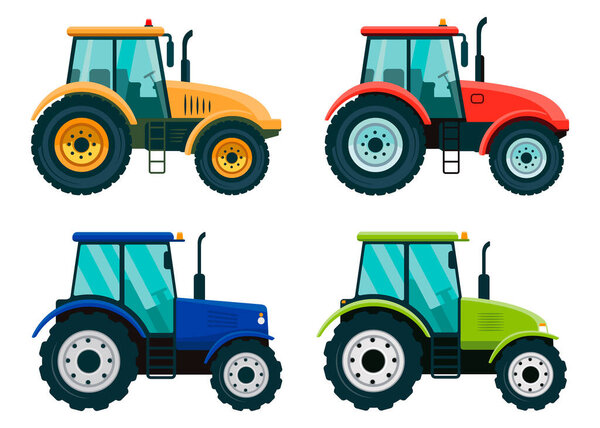 Набор цветных тракторов на белом фоне. Векторные иллюстрации. Плоский дизайн