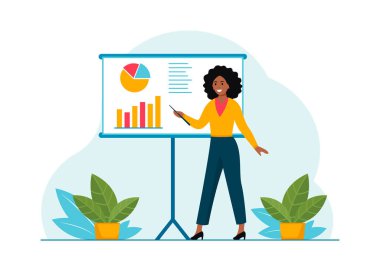 Analist kadın. Müdür bir afişin önünde duruyor ve çalışmalarının sunumunu yapıyor. Finansör değişikliklerin analizini sunar. Finansal büyüme. Beyaz arkaplandaki vektör çizimleri. Düz tasarım