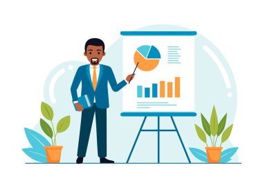 Analizci ofis çalışanı bir afişin önünde duruyor ve çalışmalarını sunarak analiz ediyor. Müdürüm. Finansör değişikliklerin analizini sunar. Finansal büyüme. Beyaz arkaplandaki vektör çizimleri. Düz tasarım