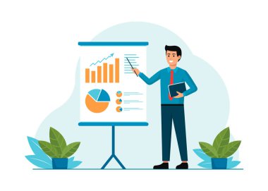 Analizci ofis çalışanı bir afişin önünde duruyor ve çalışmalarını sunarak analiz ediyor. Finansör değişikliklerin analizini sunar. Finansal büyüme. Beyaz arkaplandaki vektör çizimleri. Düz tasarım